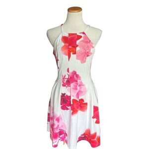 Womens Calvin Klein Pink Flower Print Sleeveless Fit & Flare Dress - Sz S